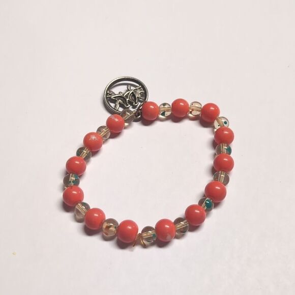 408 Red and Colorful Speckled Clear Beaded Stretch Bracelet Silver Birds Charm - Picture 4 of 4